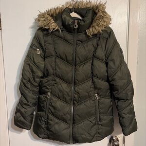 Nautica Dark Green Puffer Jacket with Faux Fur Hood